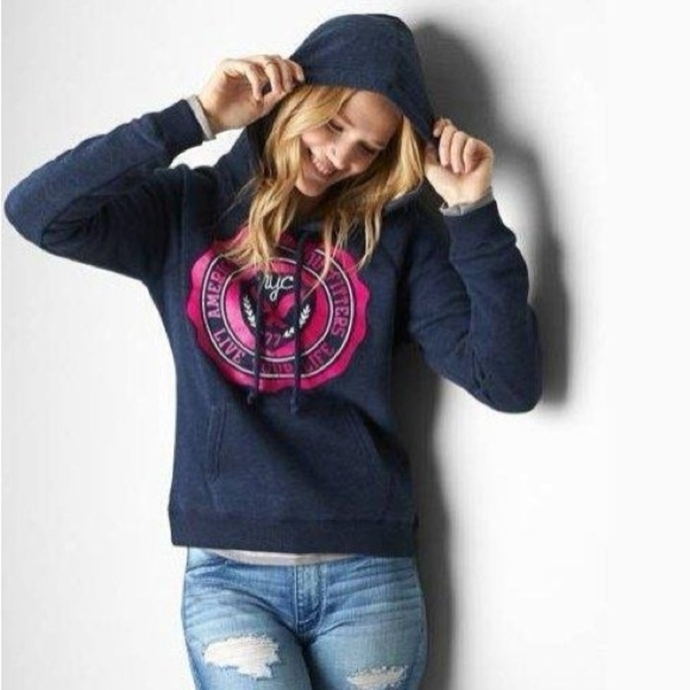 American Eagle Outfitters Blue Hoodie with Pink Logo Size M